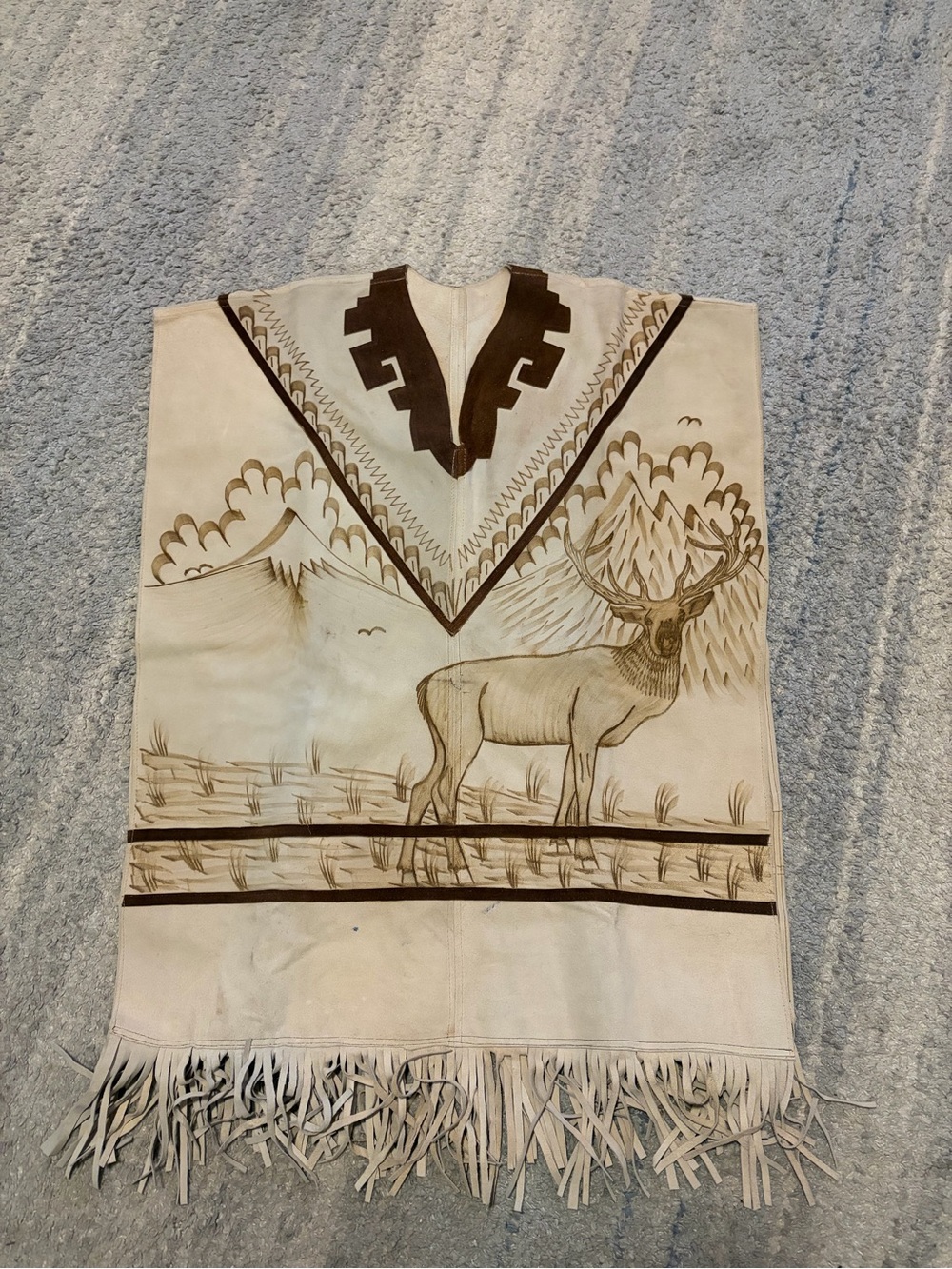 Suede Leather Hand Painted Deer Elk Poncho Cape Fringe Western Southwestern OS